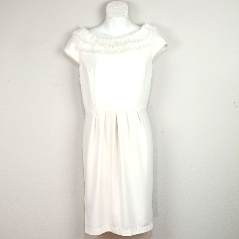 SD Collection Women Elegant White Cap Sleeve Frayed Neckline Midi Dress sz 10